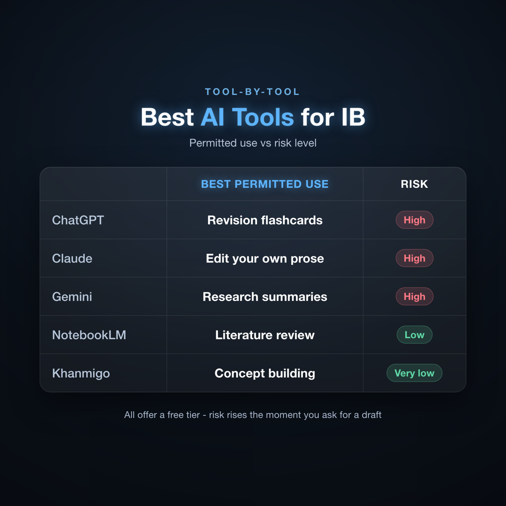 Comparison grid of best AI tools for IB students showing permitted uses and risk levels
