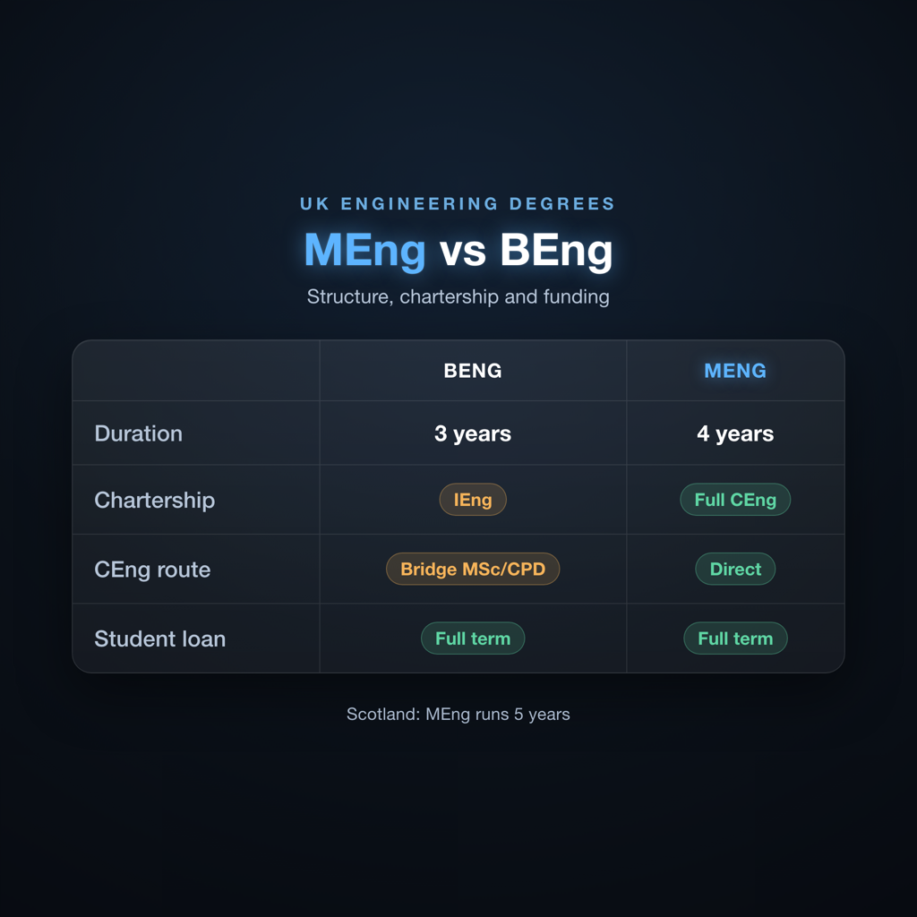 Side-by-side comparison of BEng and MEng engineering degrees in the UK showing duration, chartership and funding differences