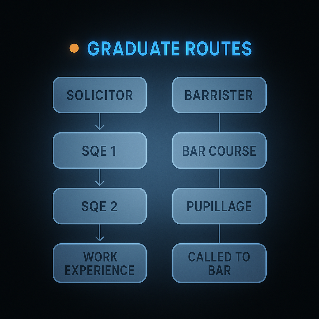 Diagram comparing the UK solicitor route via SQE and the barrister route via pupillage for law graduates