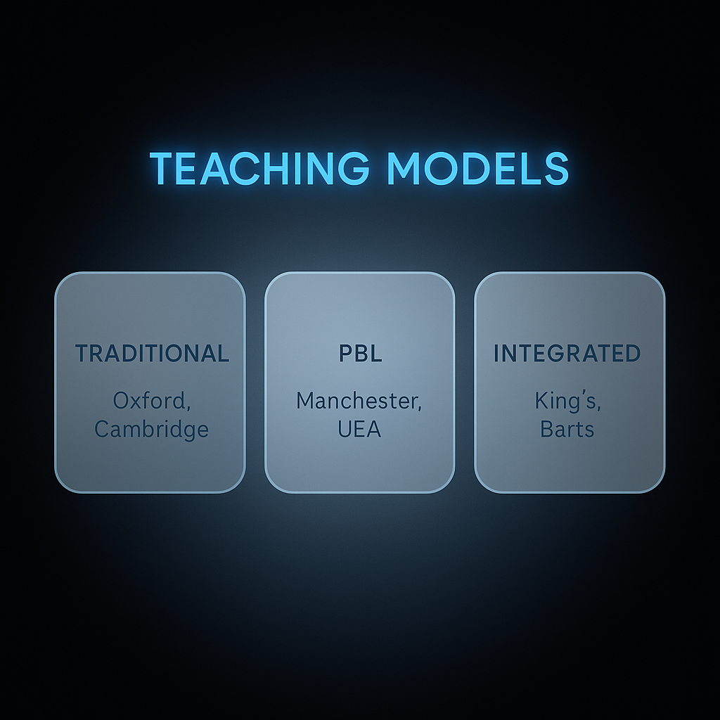 Flowchart showing three UK medical school teaching models: traditional, PBL and integrated, with example universities