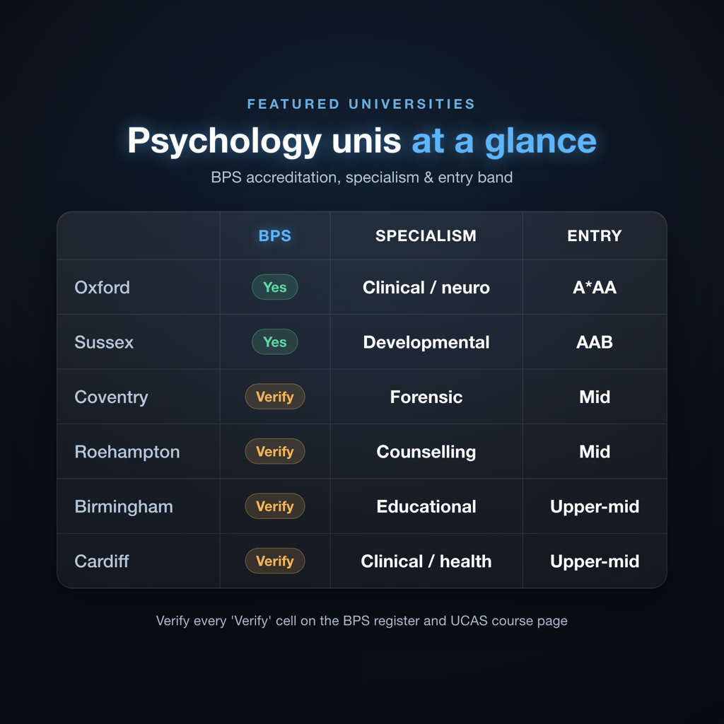 Comparison matrix of best UK universities for psychology by BPS accreditation research specialism and entry band