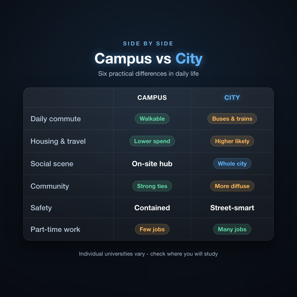 Campus vs city university comparison card showing key differences in commute, social life, cost and location