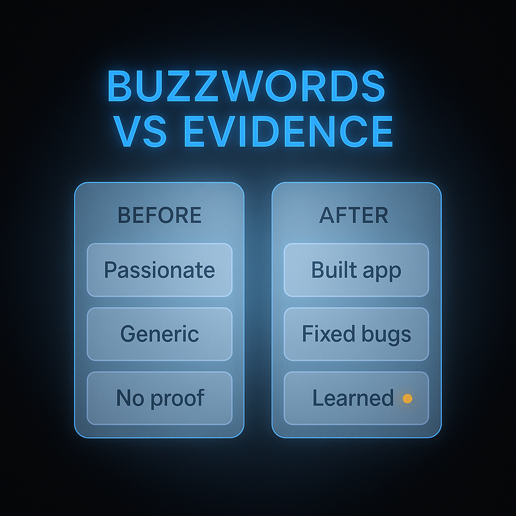 Before and after comparison of weak versus strong computer science personal statement phrasing showing project-based evidence