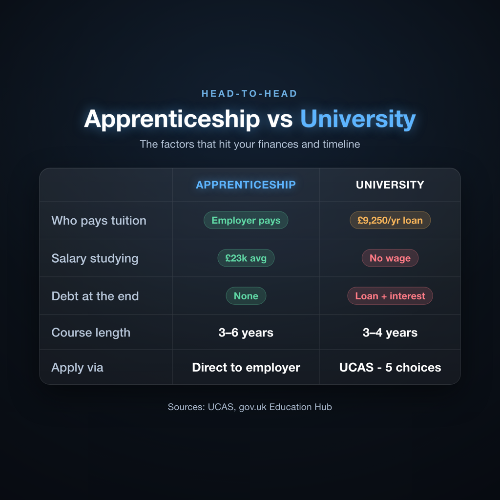 Comparison card: degree apprenticeship vs university across funding, salary, debt and application route
