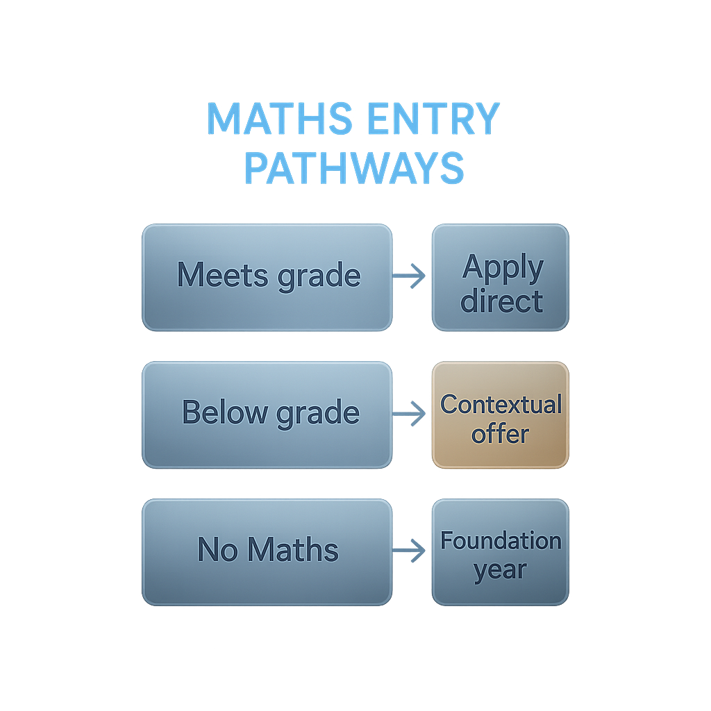 Flowchart showing economics degree entry requirement pathways based on A-level Mathematics grade