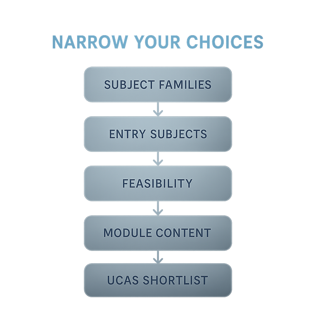 Flowchart showing how to narrow down university course choices from broad subject families to a final UCAS shortlist