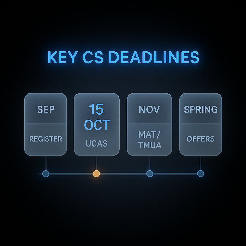 Timeline of key computer science application deadlines for 2026 entry including MAT TMUA registration and UCAS deadlines