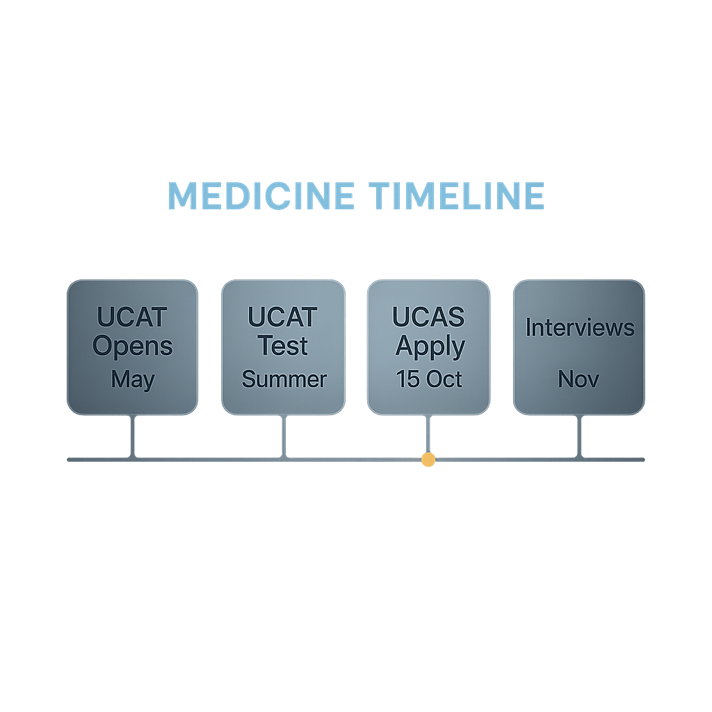 Timeline of UK medicine application deadlines from UCAT registration to UCAS offers