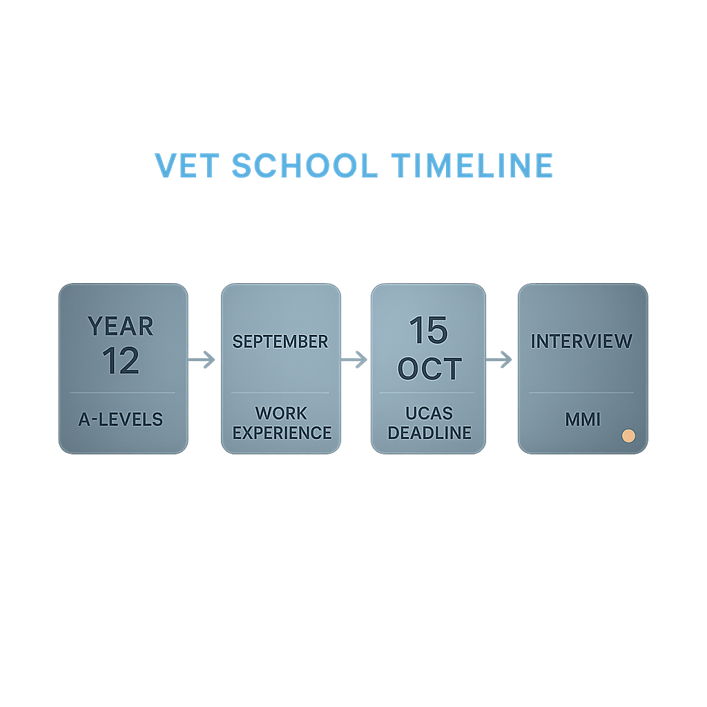 Step-by-step timeline for how to get into veterinary school in the UK from Year 12 to interview stage