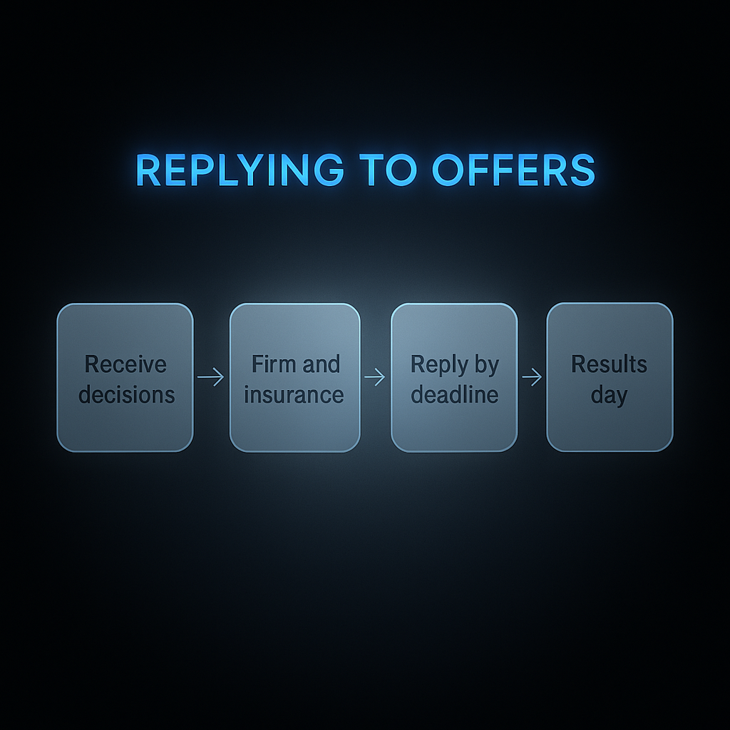 Process flow diagram showing how to reply to UCAS offers from receiving decisions to results day outcome