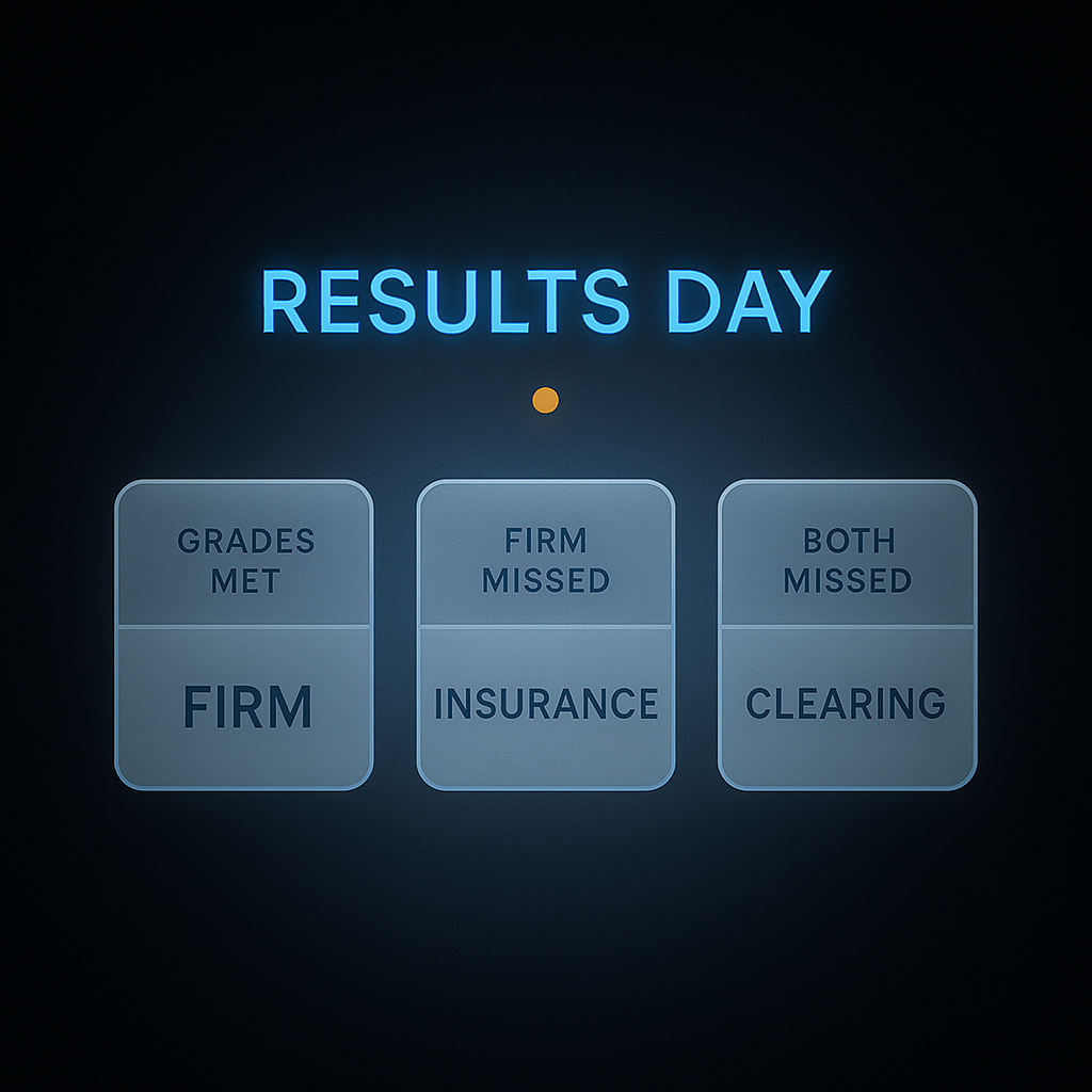 Results day decision flowchart showing firm confirmed, insurance placed, or Clearing based on grades met