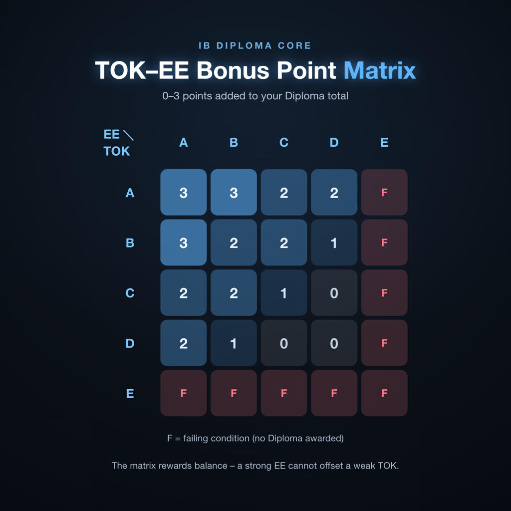 IB Extended Essay and TOK grade matrix showing bonus points from 0 to 3 for each grade combination