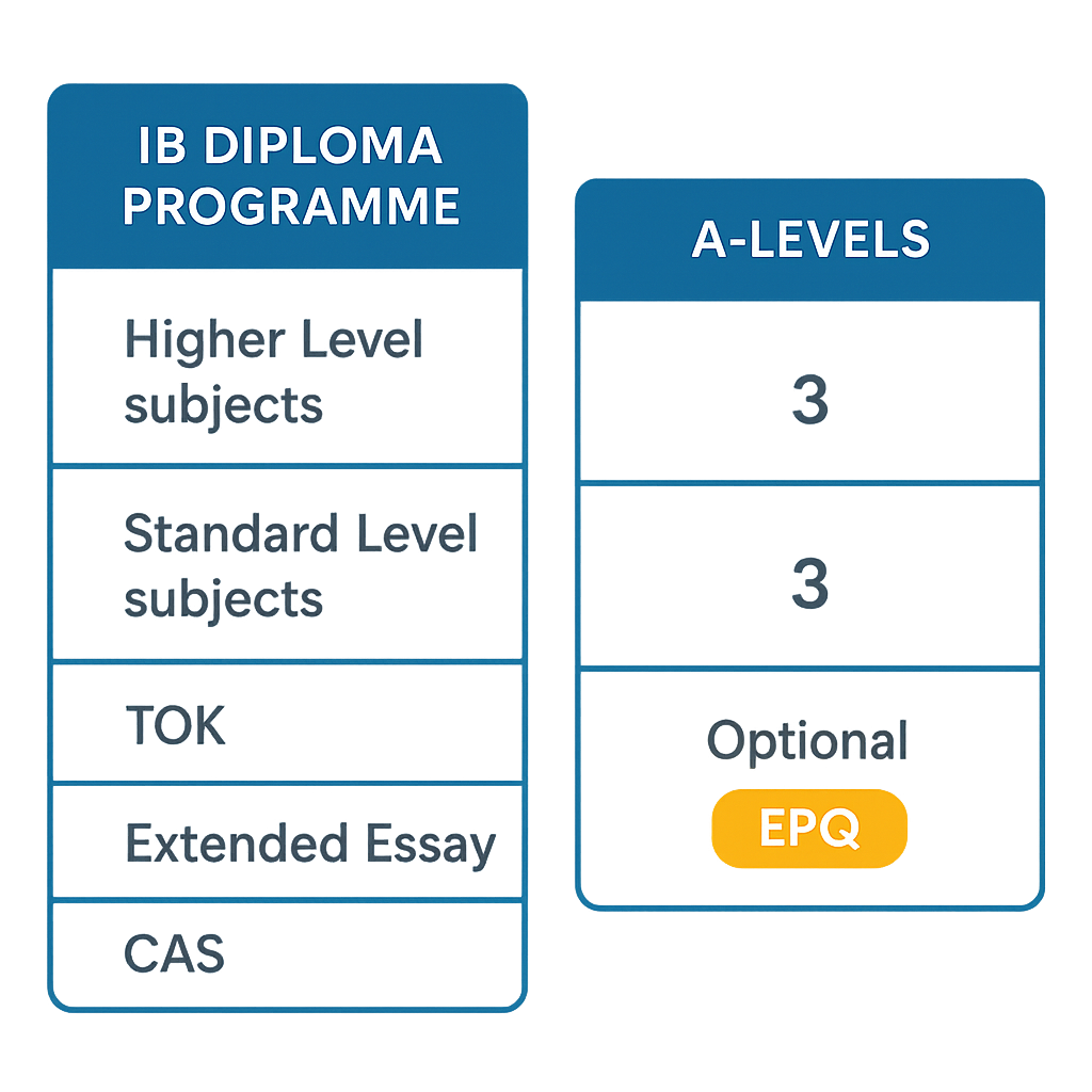Diagram comparing IB Diploma Programme structure with A-Levels showing subject count and core requirements