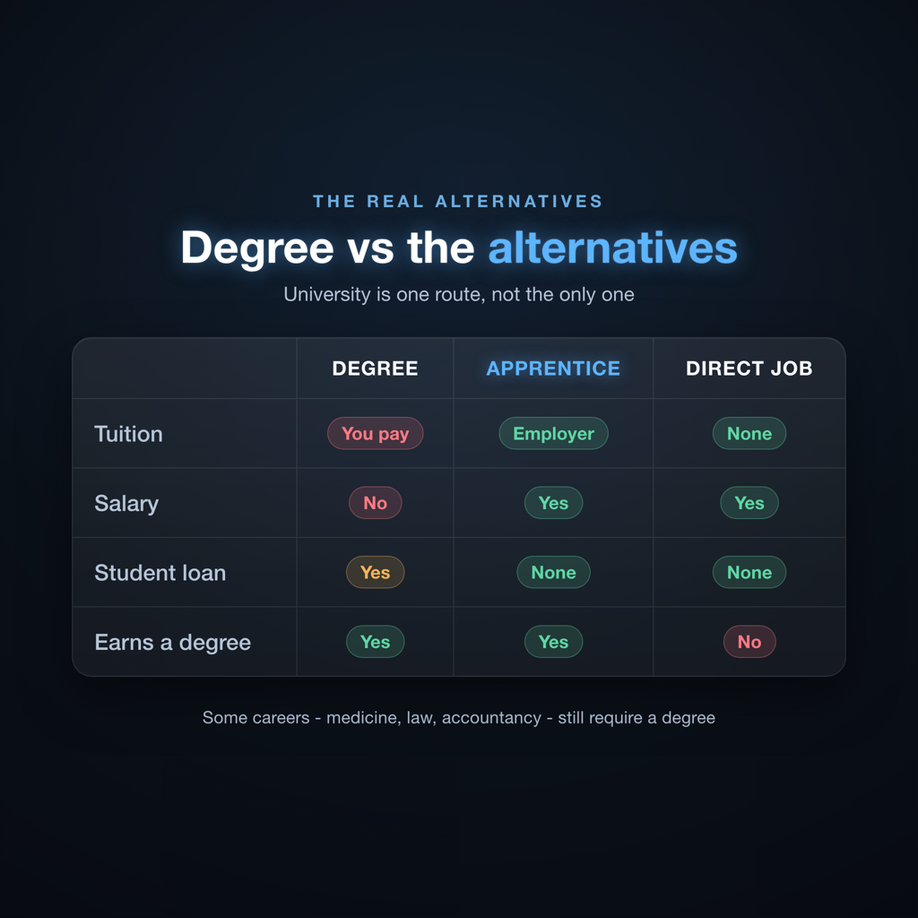 Comparison of university degree, degree apprenticeship and direct employment by cost, earnings and graduate salary premium UK