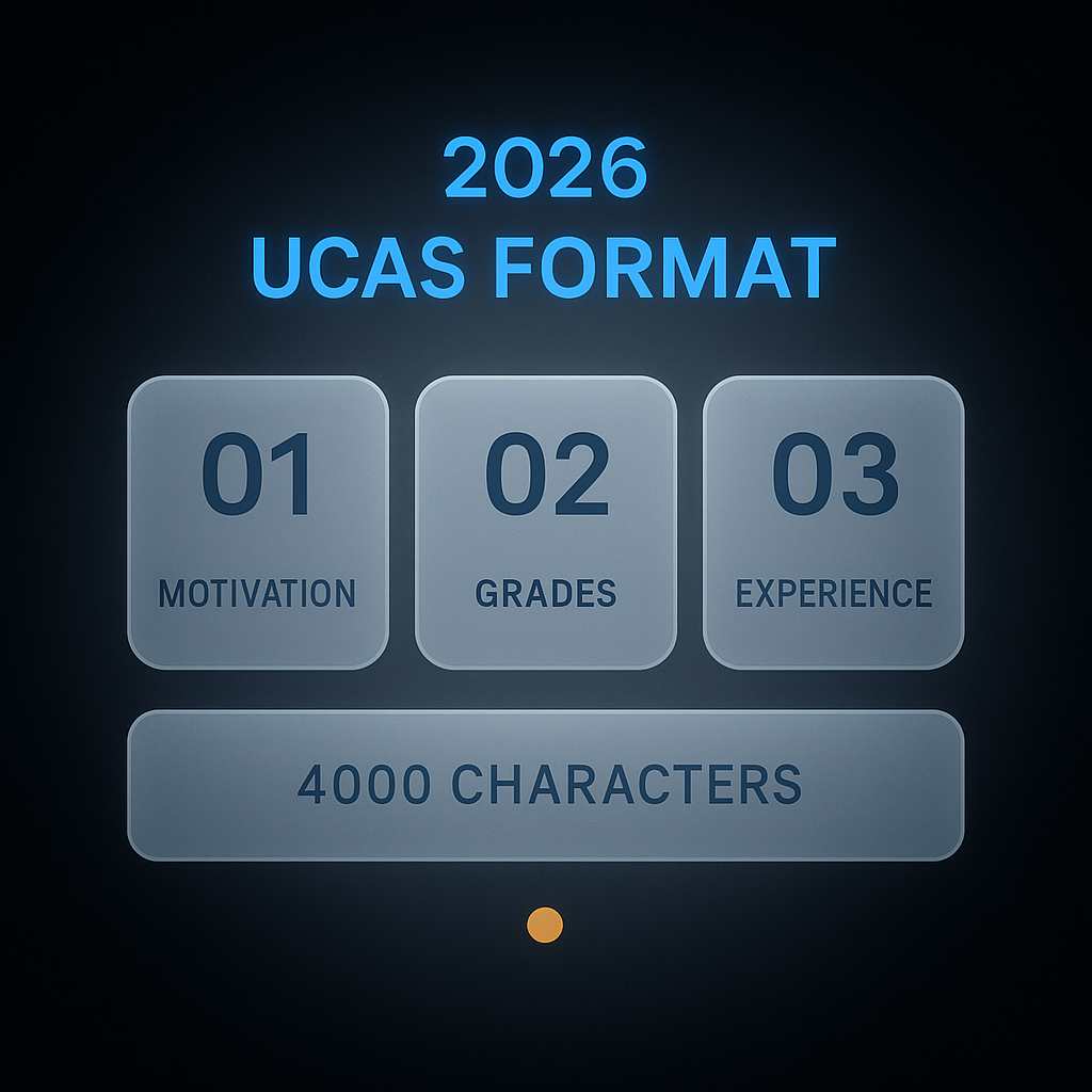 Diagram mapping three 2026 UCAS personal statement questions to law application requirements within a 4000-character limit