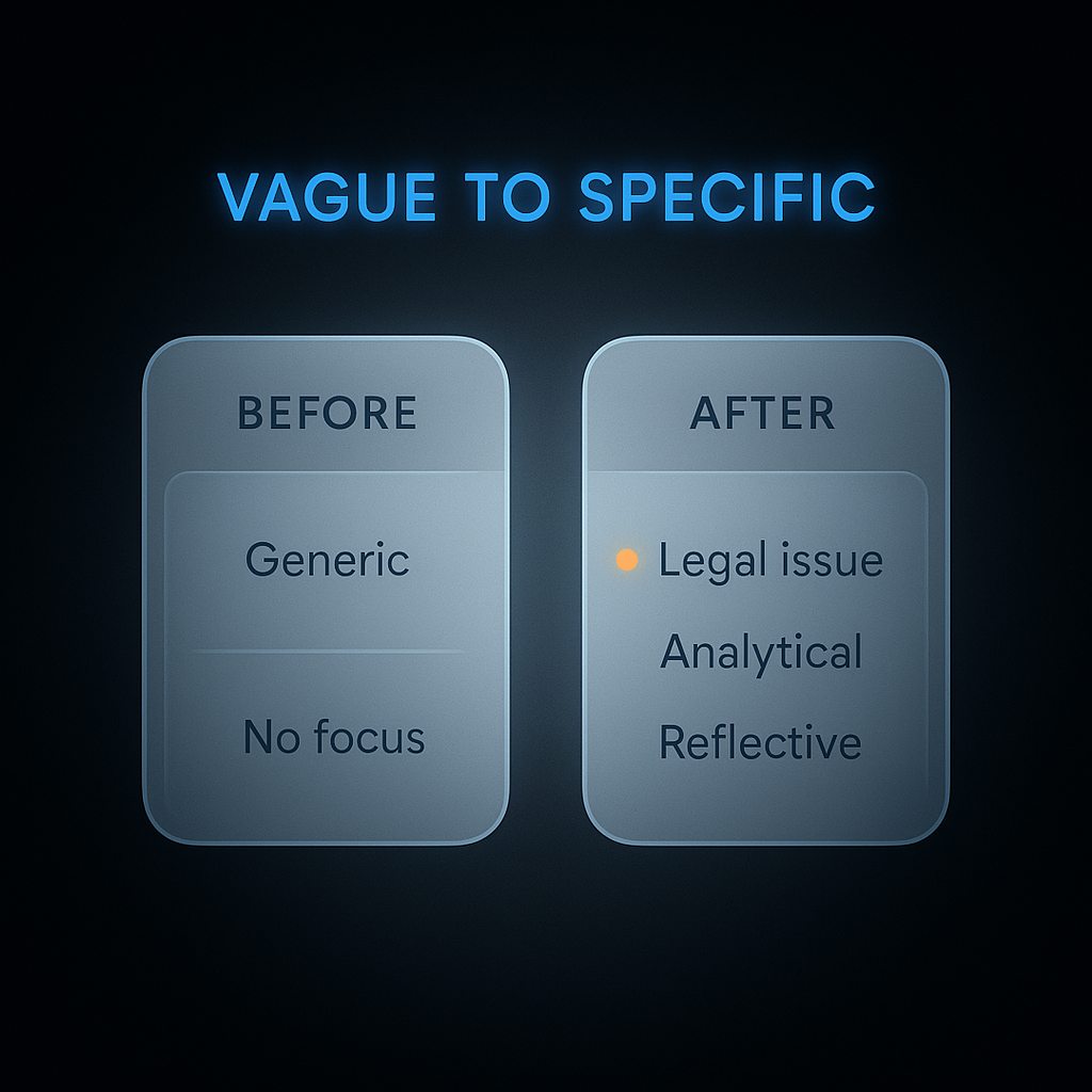 Before and after example sentences showing how to rewrite a vague law personal statement opening into specific analytical reflection