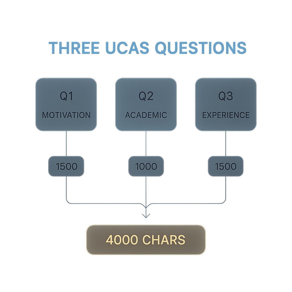 Medicine personal statement 2026 structure: three UCAS questions mapped to motivation, academic preparation, and work experience