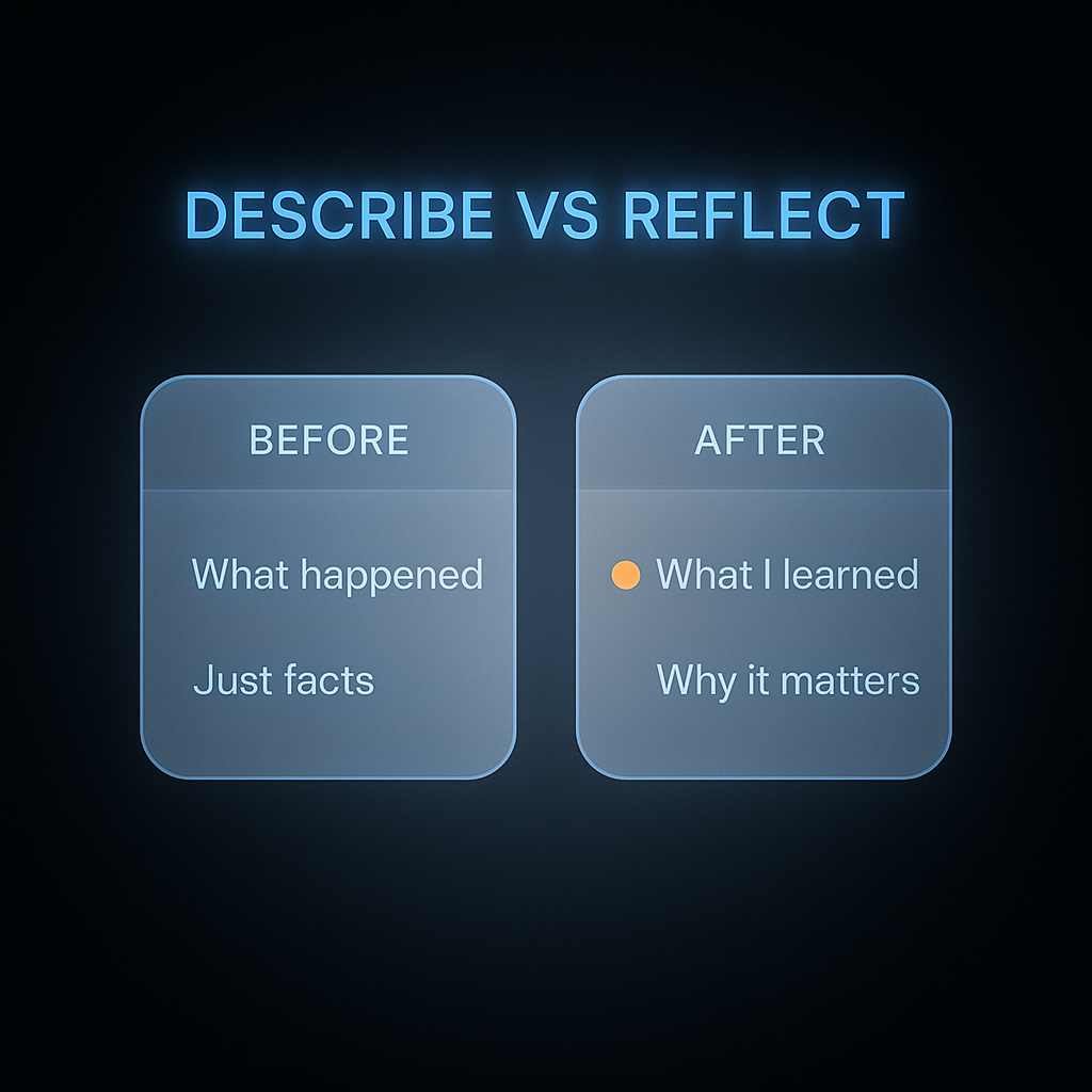 Before and after example showing descriptive versus reflective writing in a medicine personal statement