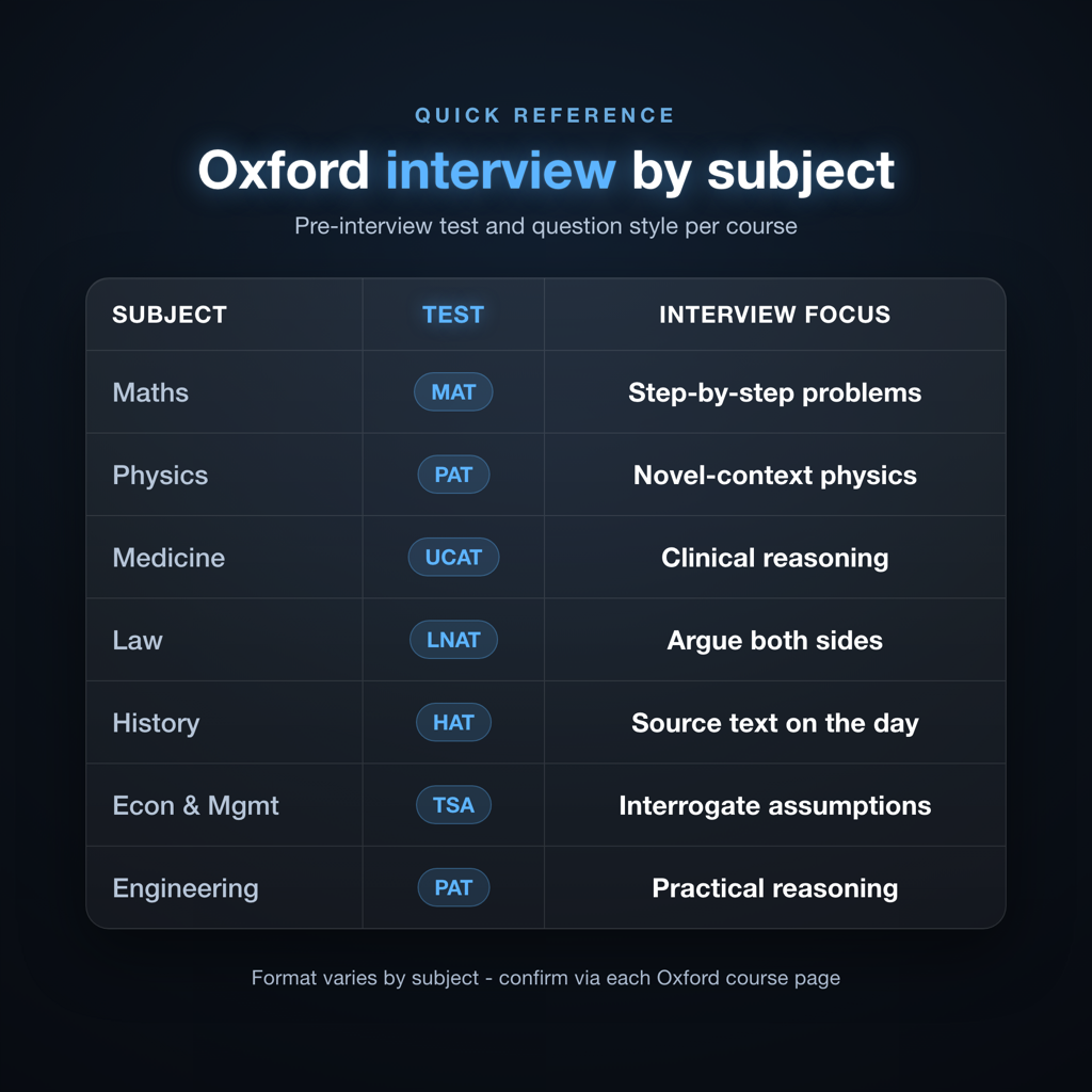 Oxford interview format by subject showing admissions test and question style for each course
