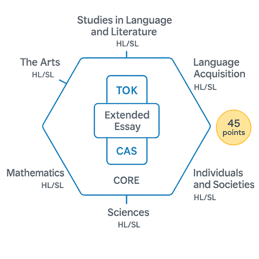 IB Diploma Programme structure diagram showing six subject groups and the TOK, EE, CAS core
