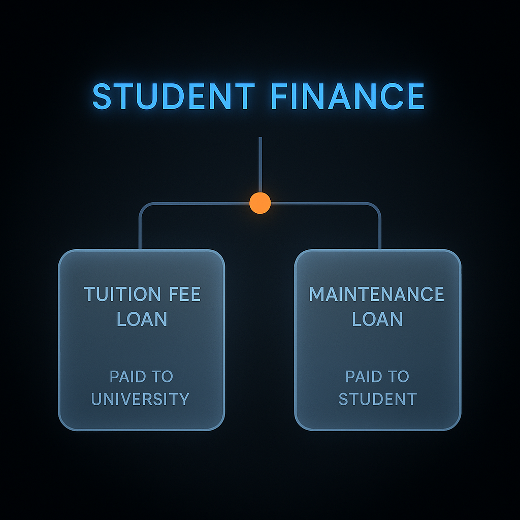 Diagram showing how student finance splits into a tuition fee loan paid to the university and a maintenance loan paid to the student