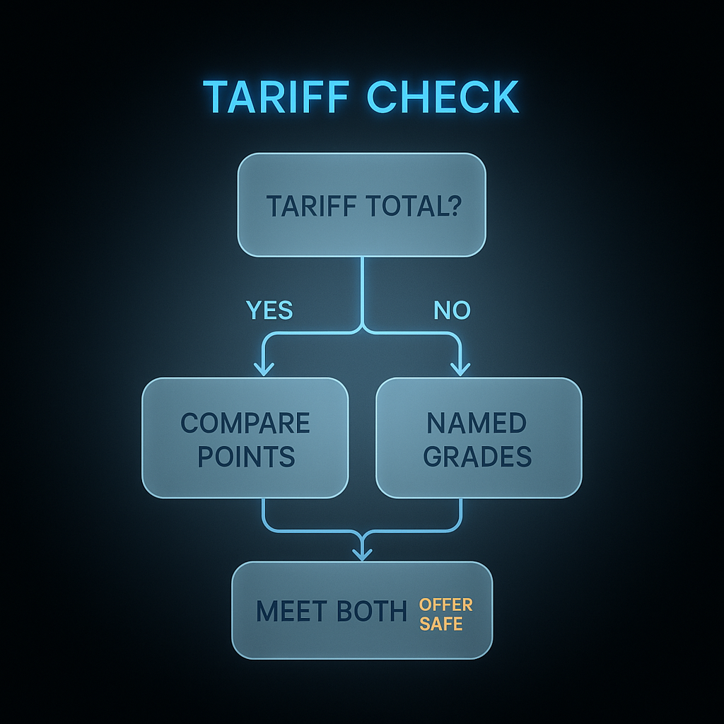 Flowchart showing how to check UCAS tariff points offer against named grade requirements for university entry