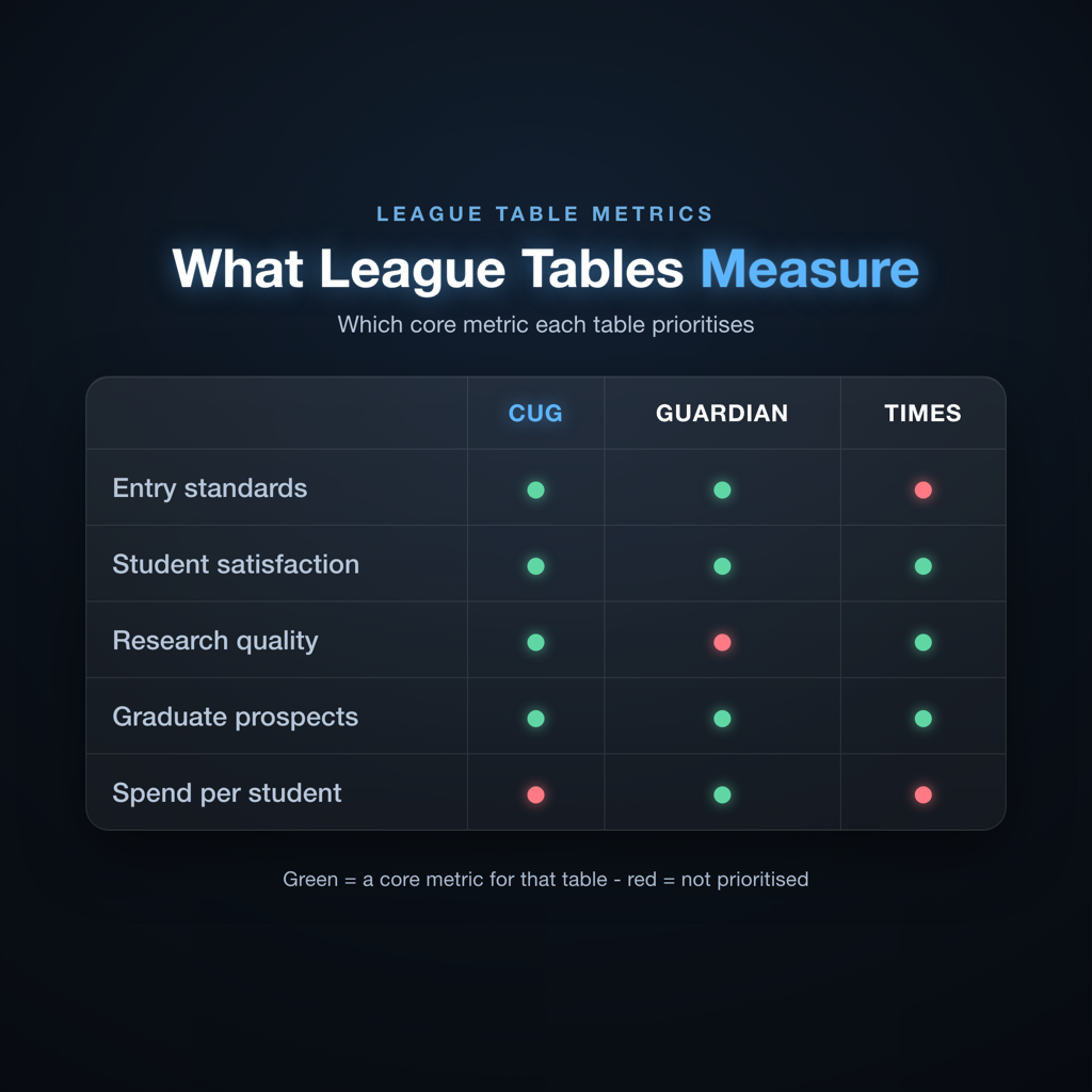 Comparison grid of university league table metrics showing how Complete University Guide Guardian and Times weight entry standards research quality and student satisfaction